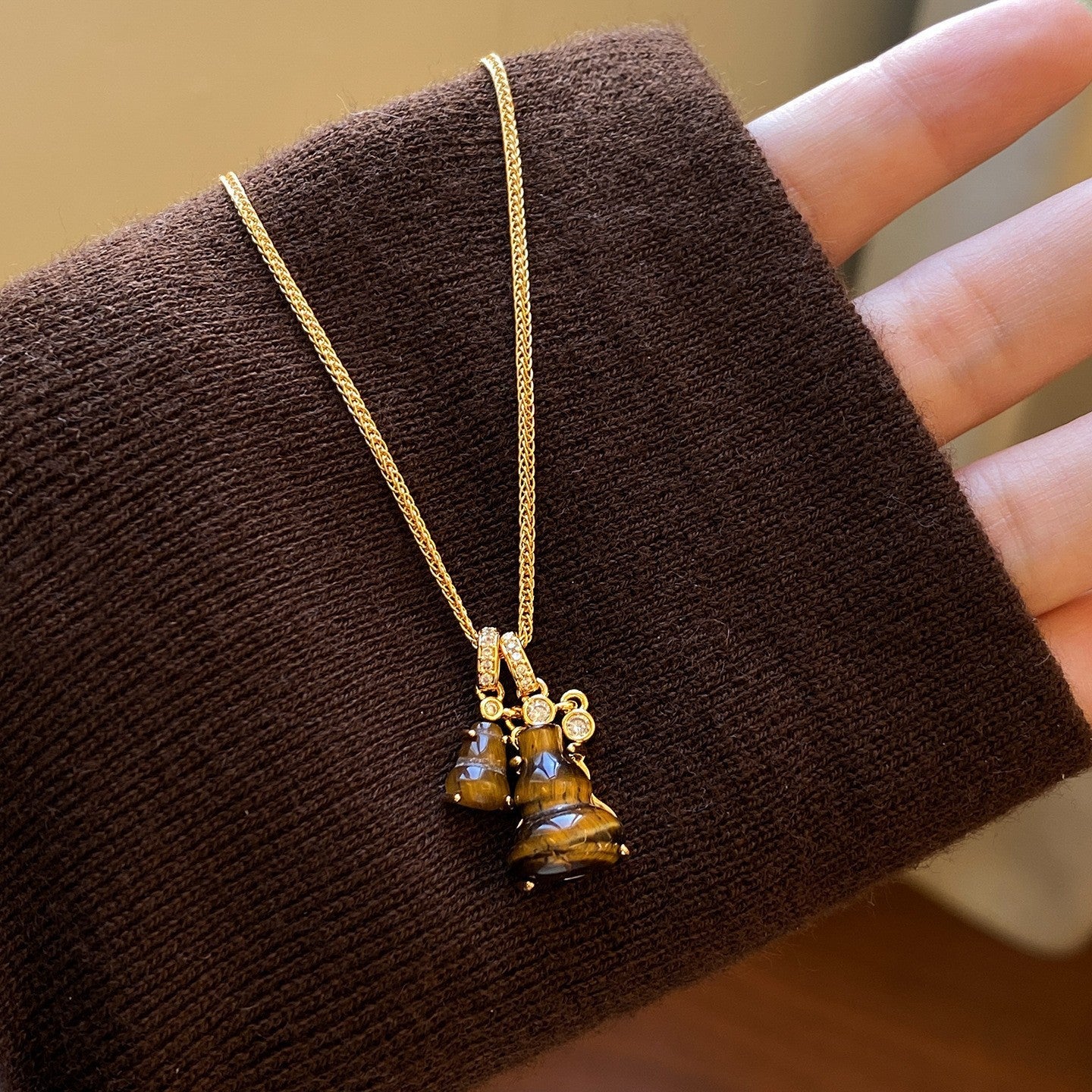 Women's High-grade Golden Zircon Double Tigereye Calabash Pendent Necklaces