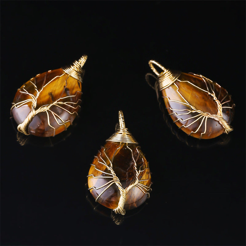 Copper Wire Winding Natural Crystal Water Drop Rough Stone Lucky Pendant