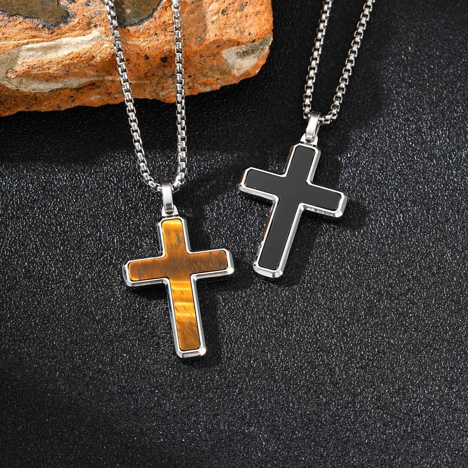 Man's Stainless Steel Cross Turquoise Natural Tiger Eye Sweater Pendant