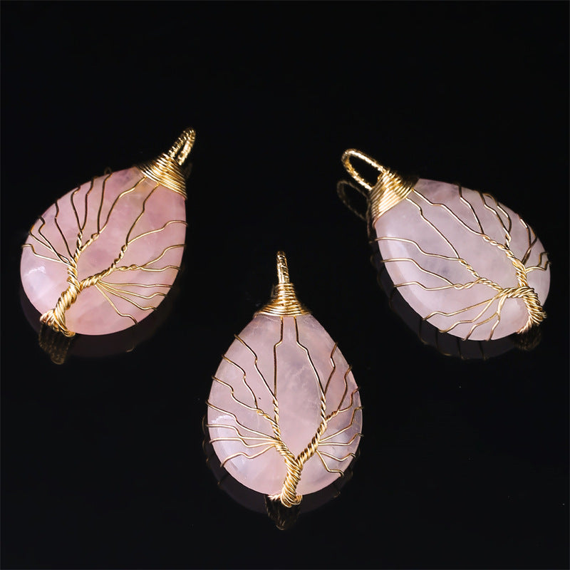 Copper Wire Winding Natural Crystal Water Drop Rough Stone Lucky Pendant