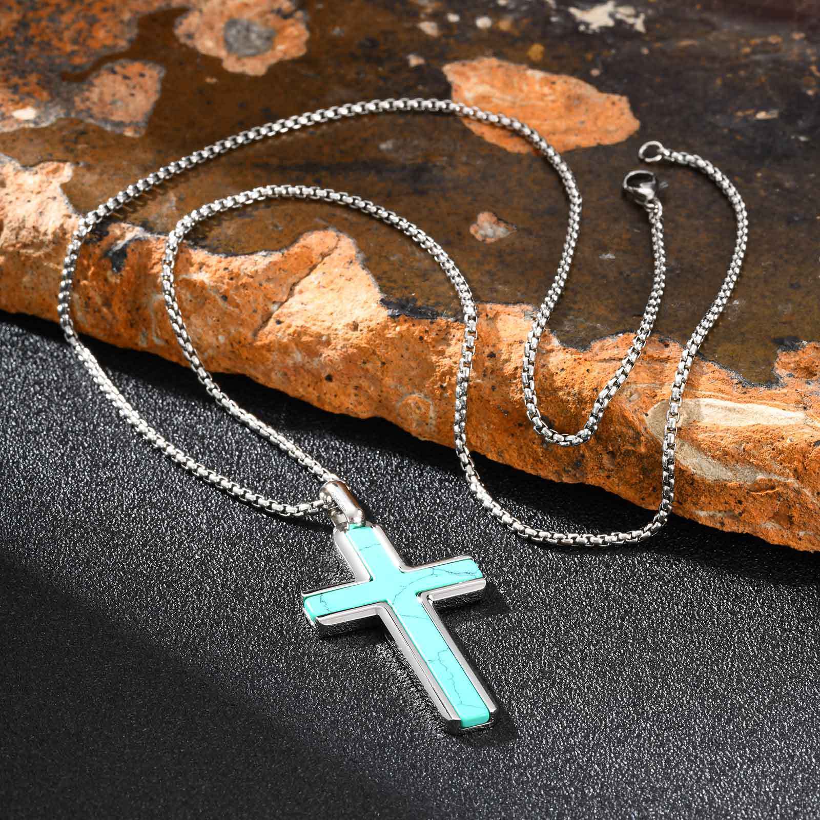 Man's Stainless Steel Cross Turquoise Natural Tiger Eye Sweater Pendant