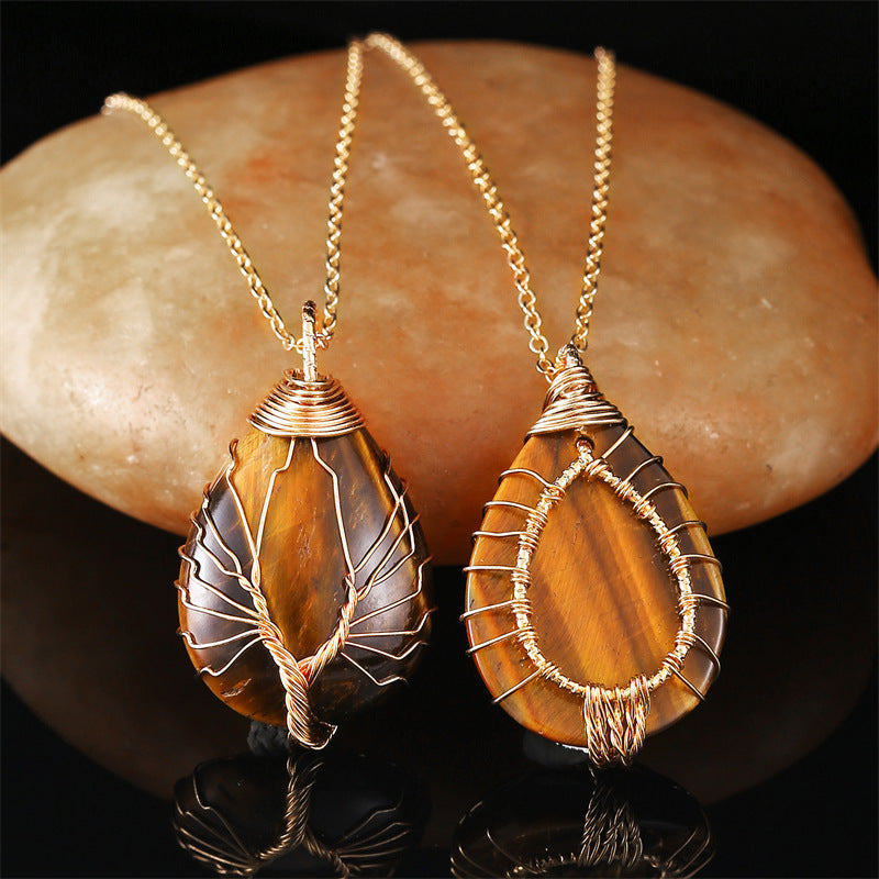 Copper Wire Winding Natural Crystal Water Drop Rough Stone Lucky Pendant