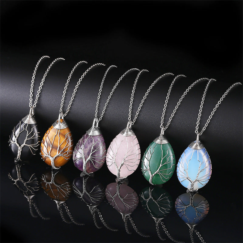 Copper Wire Winding Natural Crystal Water Drop Rough Stone Lucky Pendant