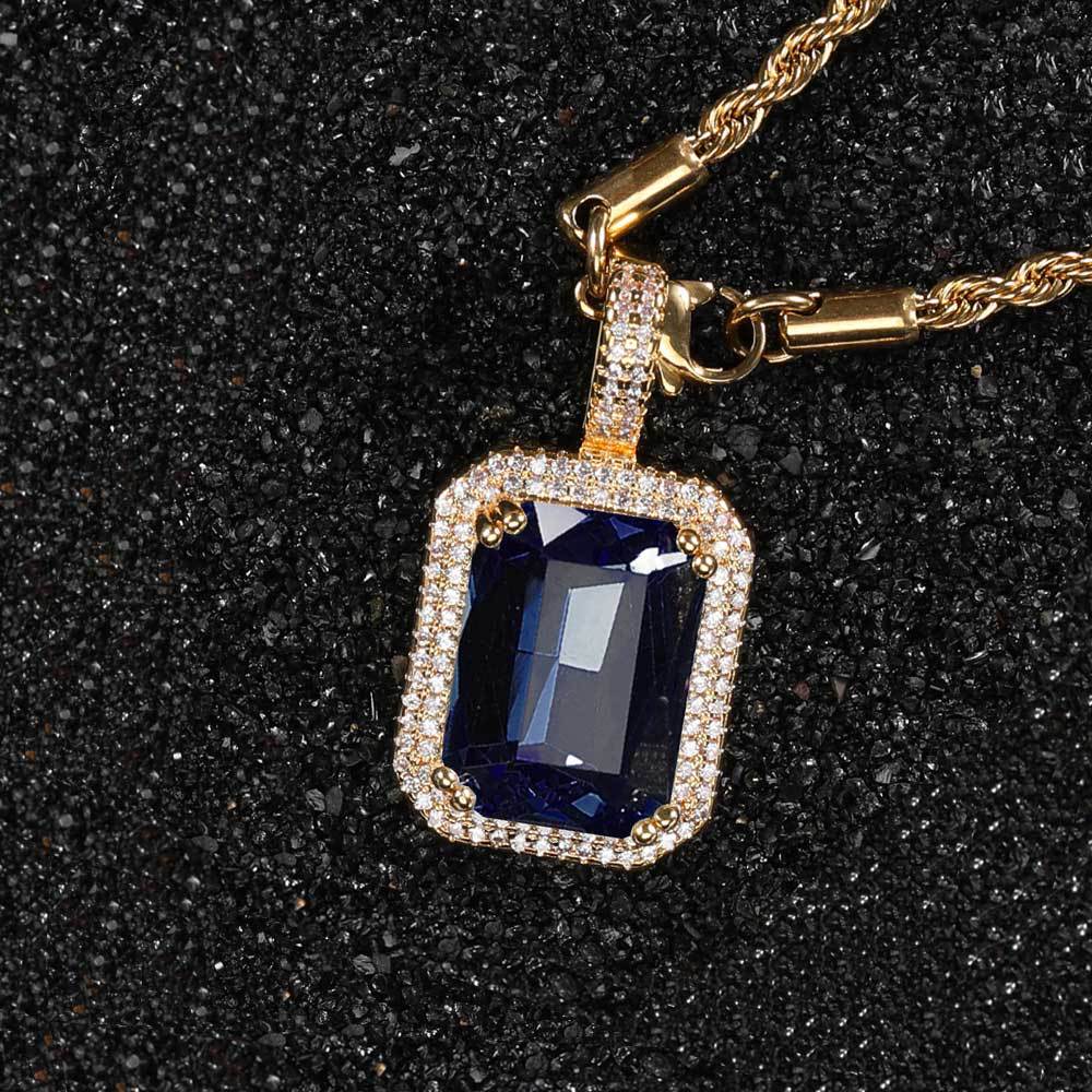Men's Hip Hop Solid Square Colored Gemstone Fashion Personality Micro Inlaid Pendant