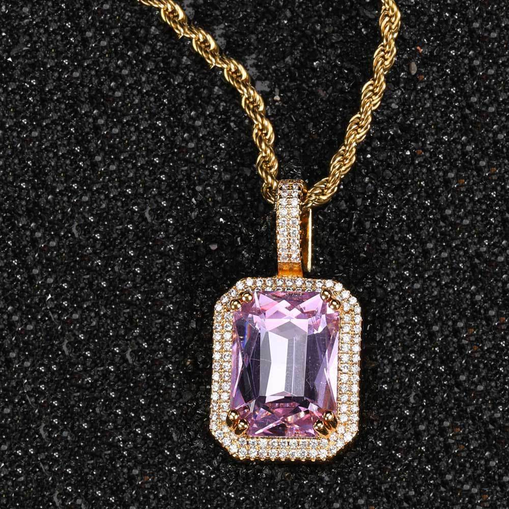 Men's Hip Hop Solid Square Colored Gemstone Fashion Personality Micro Inlaid Pendant
