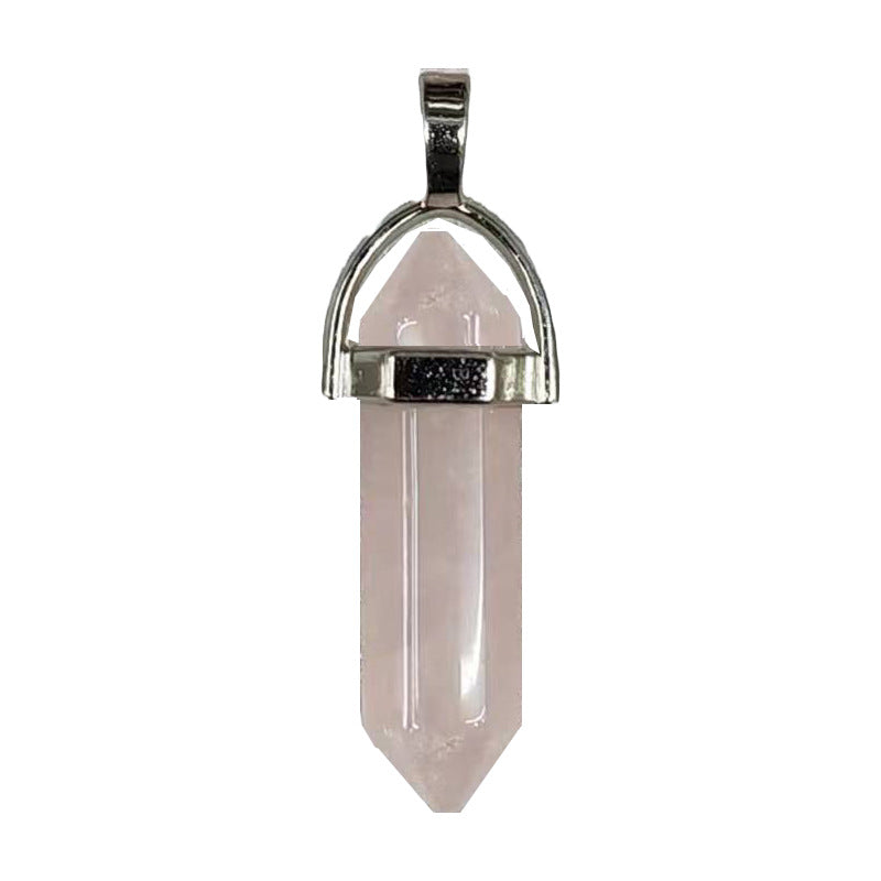 Natural Crystal Hexagon Prism Pink Amethyst Double Pointed Bullet Pendant