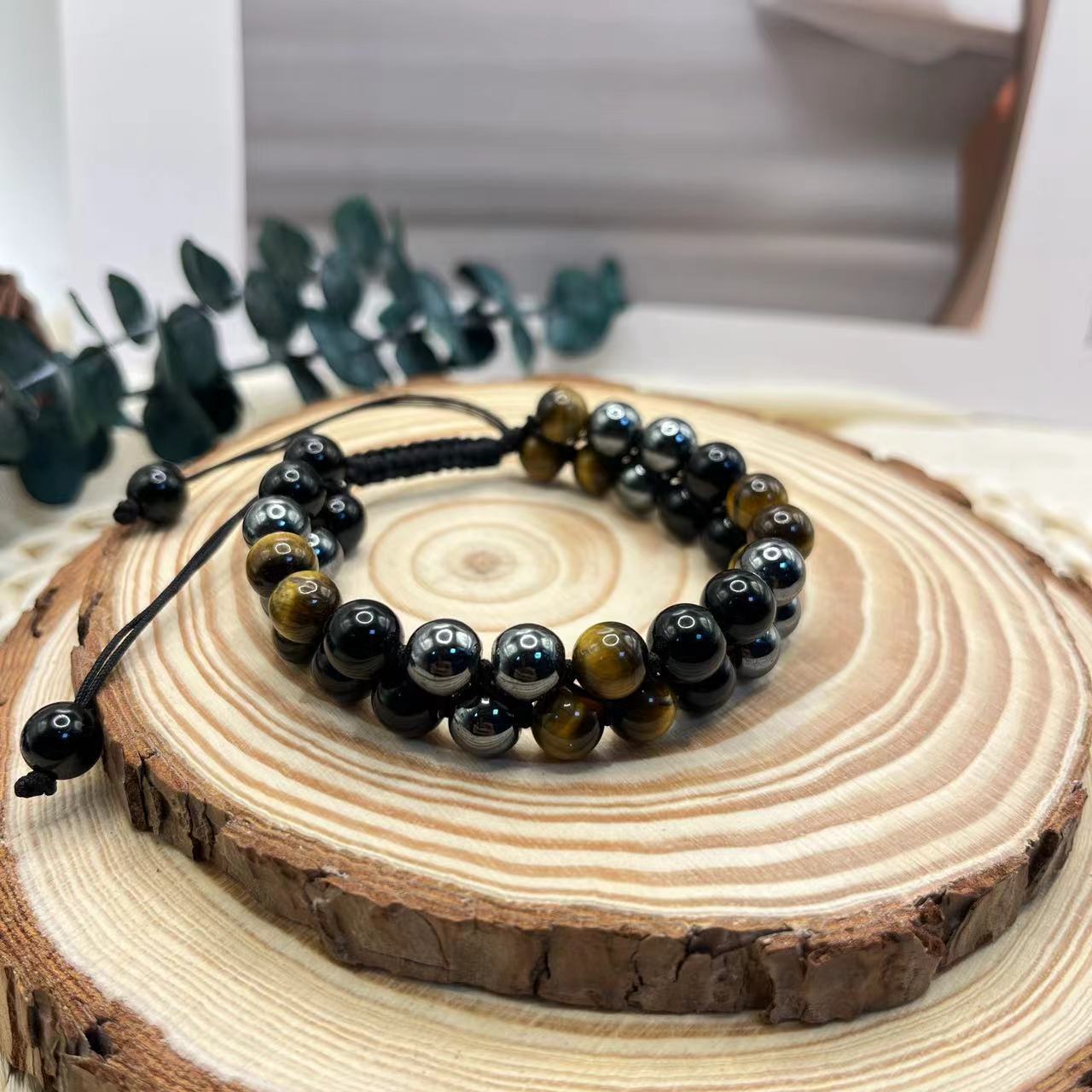 Men's Eye Obsidian Woven Adjustable Black Magnet Bracelet
