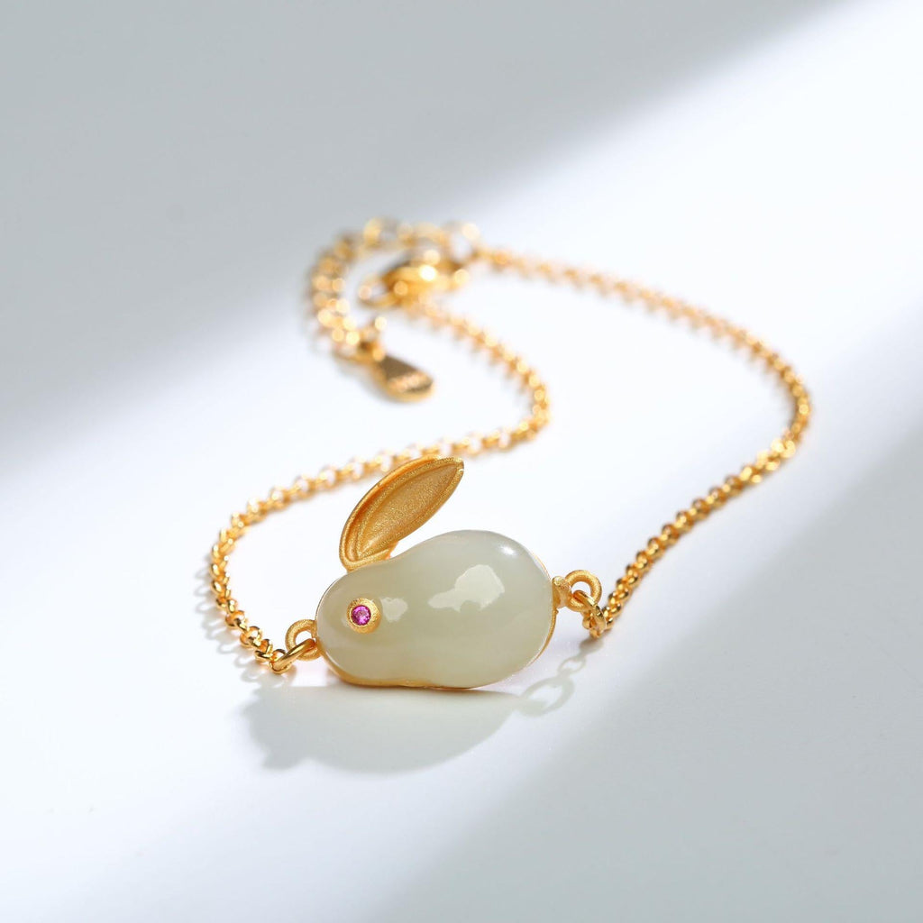 Sier Plated Gold Natural Jade White Rabbit Pendants
