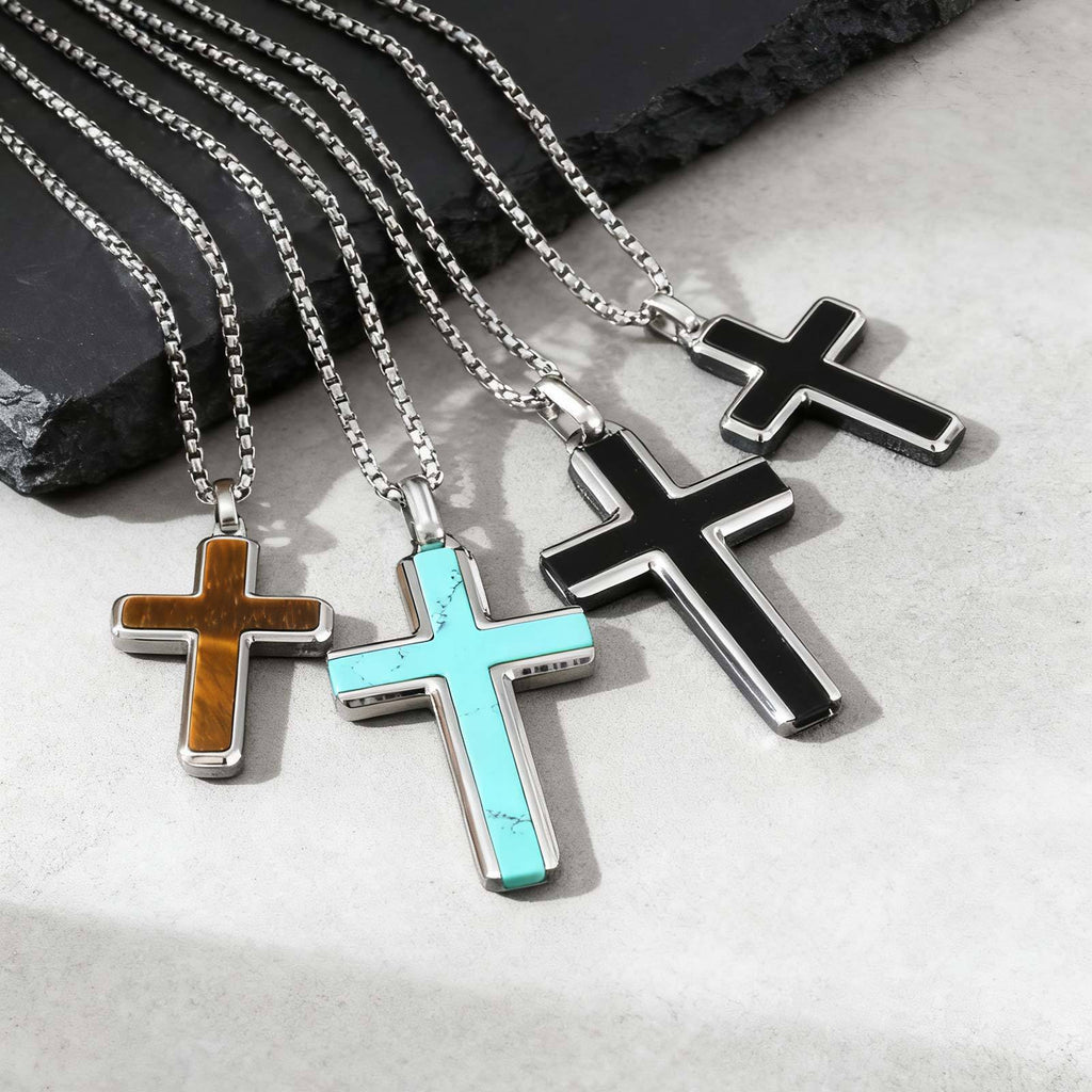 Man's Stainless Steel Cross Turquoise Natural Tiger Eye Sweater Pendant