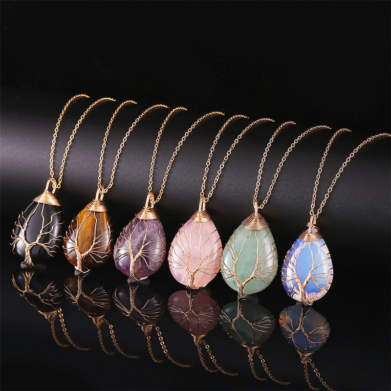 Copper Wire Winding Natural Crystal Water Drop Rough Stone Lucky Pendant