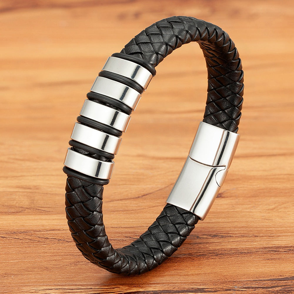 Men's Combination Small Mosaic Stainless Steel Leather Bracelet