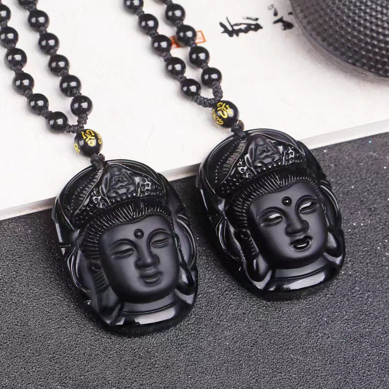 Glass Imitation Obsidian Wolf Head Dragon Gossip Elephant Avalokitesvara Pendant