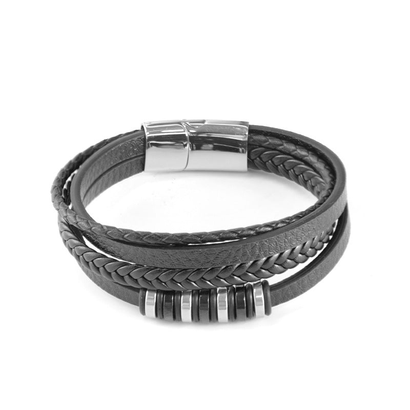 Men's Handmade Woven Leather Stainless Steel String Bracelet