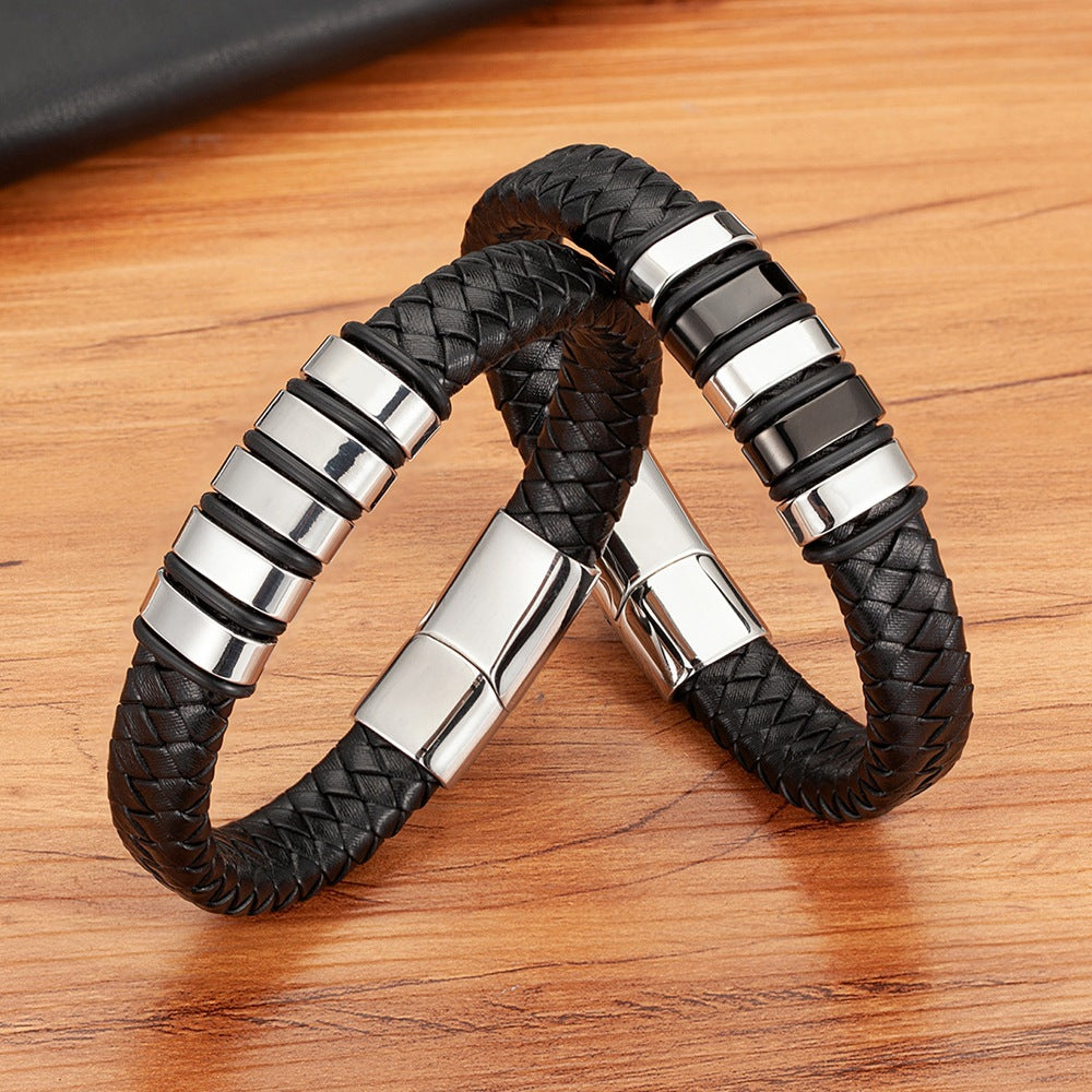 Men's Combination Small Mosaic Stainless Steel Leather Bracelet