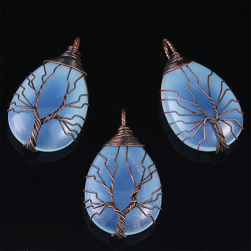 Copper Wire Winding Natural Crystal Water Drop Rough Stone Lucky Pendant