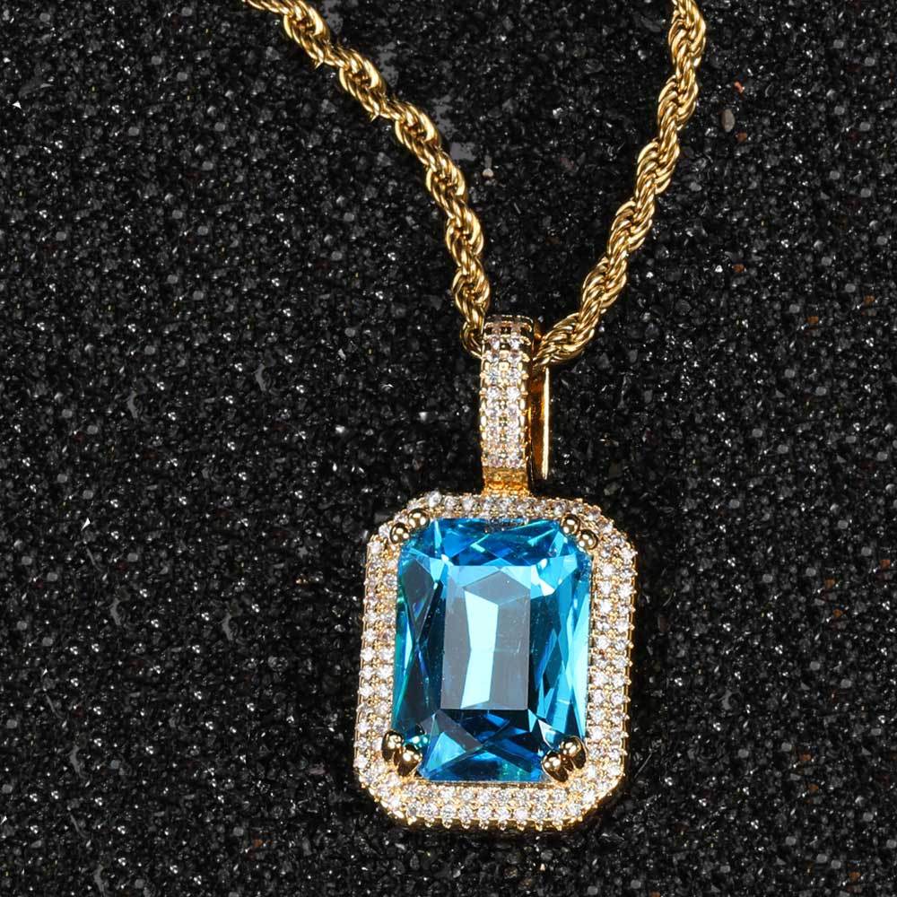 Men's Hip Hop Solid Square Colored Gemstone Fashion Personality Micro Inlaid Pendant
