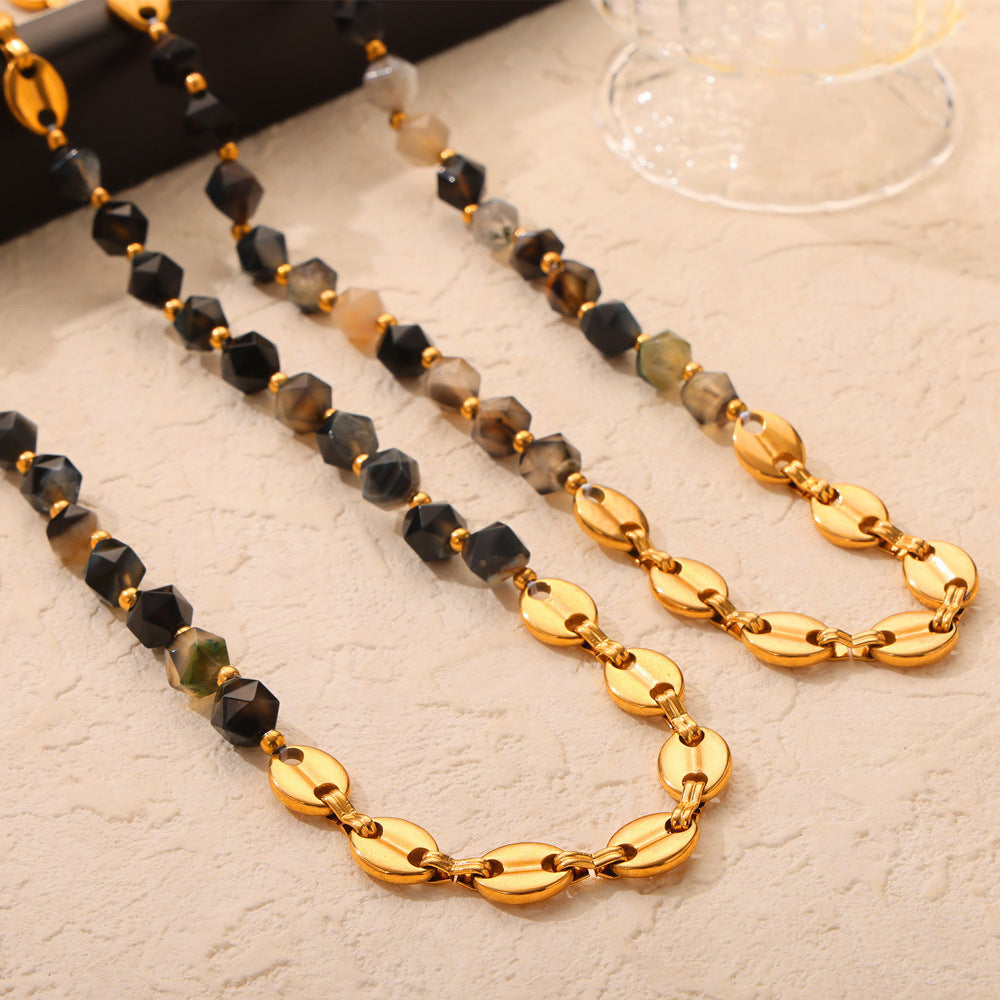 Personality Elegant Natural Stone Beaded Stitching Pig Nose Design Titanium Jewelry Set