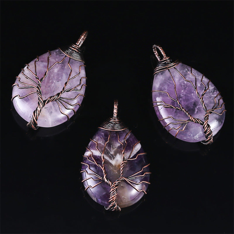 Copper Wire Winding Natural Crystal Water Drop Rough Stone Lucky Pendant