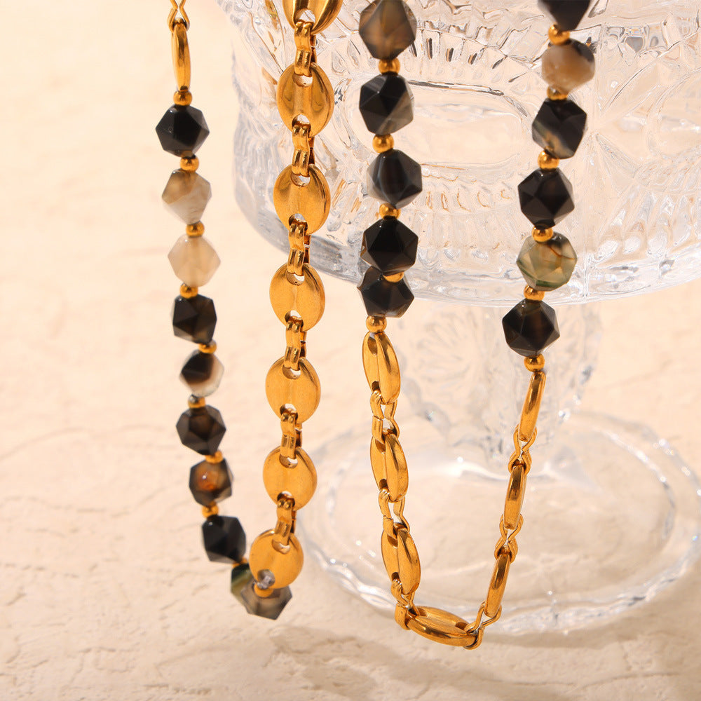 Personality Elegant Natural Stone Beaded Stitching Pig Nose Design Titanium Jewelry Set