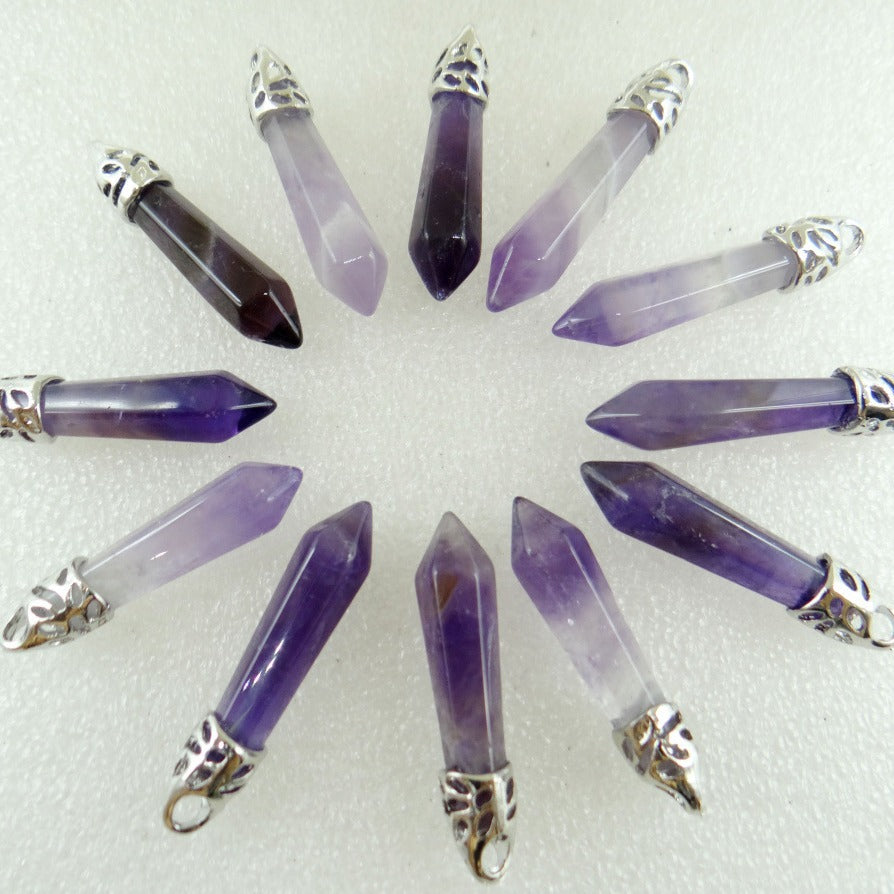 Stone Amethyst Agate Hexagon Prism Bullet Spirit Pendant