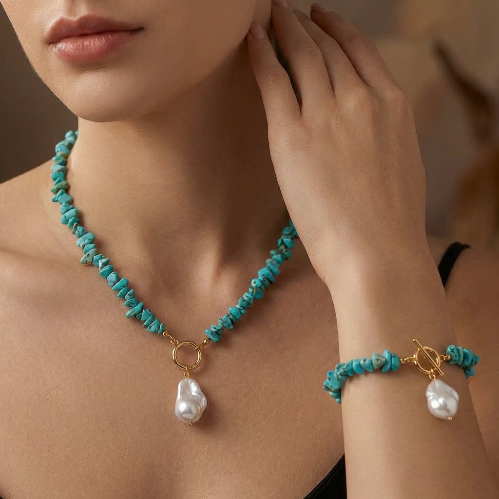 Women's Simple Baroque Imitation Pearl High-grade Bohemian Turquoise Jewelry Set