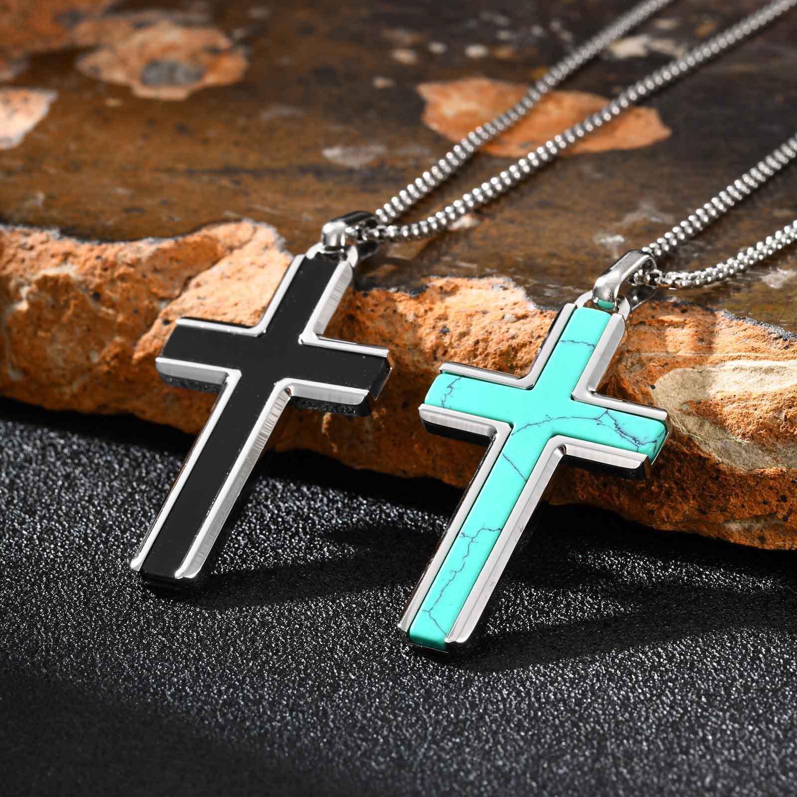 Man's Stainless Steel Cross Turquoise Natural Tiger Eye Sweater Pendant