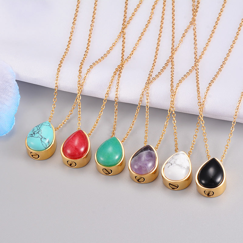 Retro Style Natural Stone Open Gold Cinerary Casket Necklaces