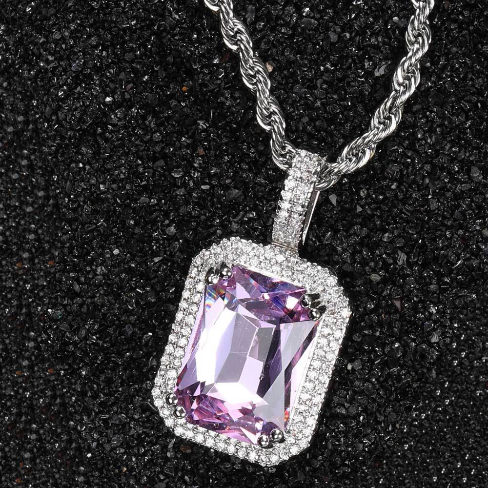 Men's Hip Hop Solid Square Colored Gemstone Fashion Personality Micro Inlaid Pendant