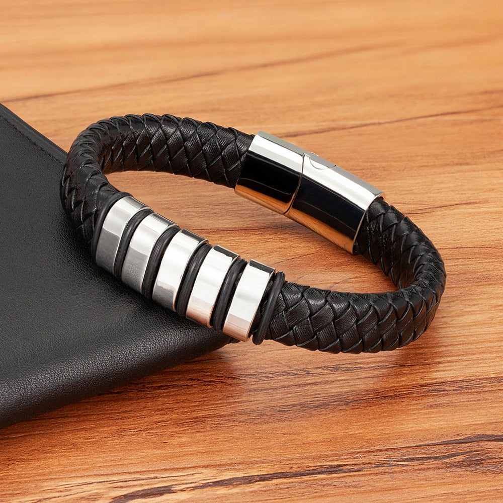 Men's Combination Small Mosaic Stainless Steel Leather Bracelet