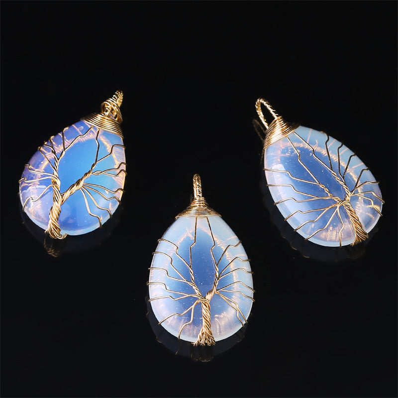 Copper Wire Winding Natural Crystal Water Drop Rough Stone Lucky Pendant