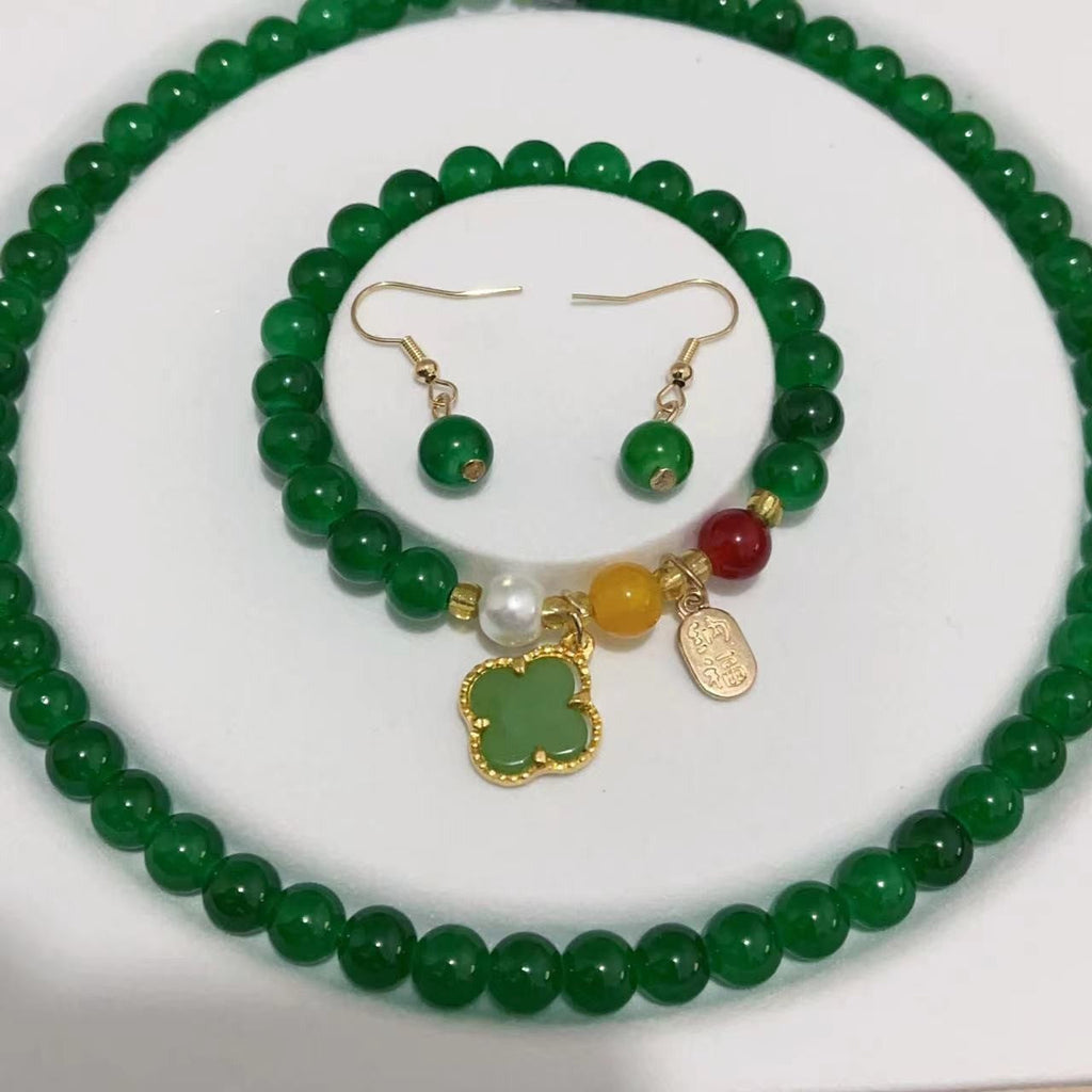 Style Imitation Green Chalcedony Three-piece Mom Chain Temperament Rings