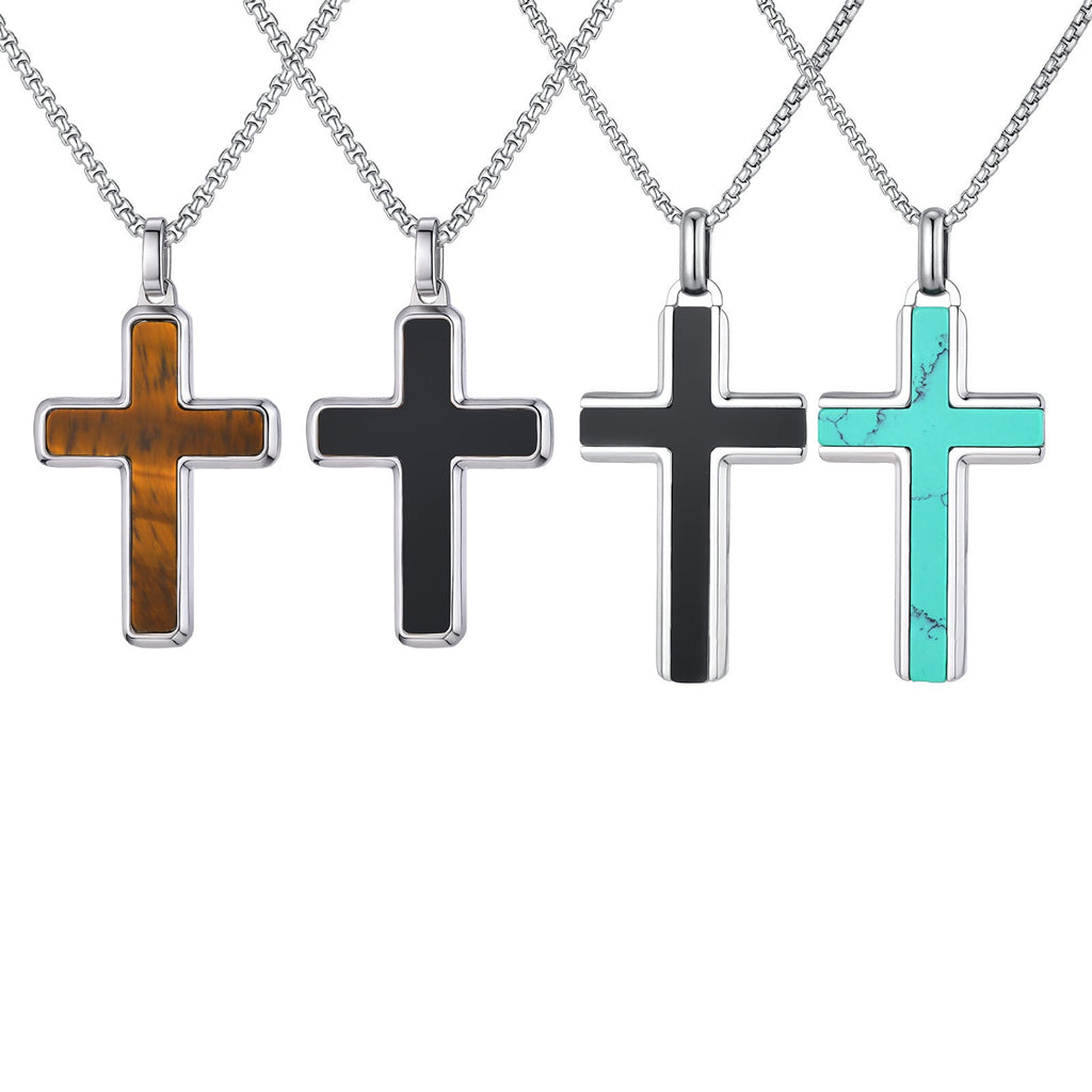 Man's Stainless Steel Cross Turquoise Natural Tiger Eye Sweater Pendant