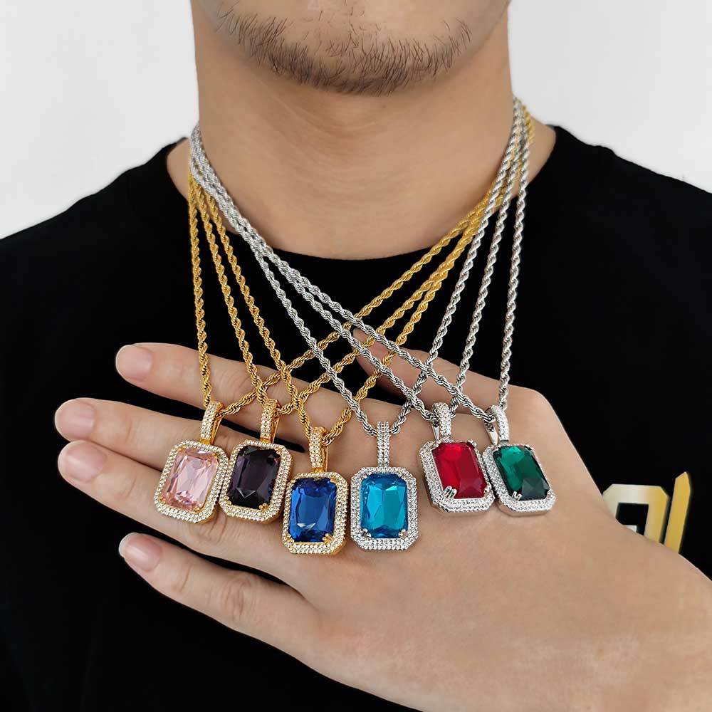 Men's Hip Hop Solid Square Colored Gemstone Fashion Personality Micro Inlaid Pendant