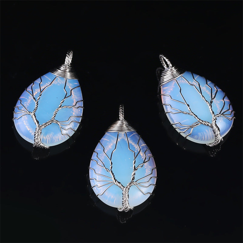 Copper Wire Winding Natural Crystal Water Drop Rough Stone Lucky Pendant