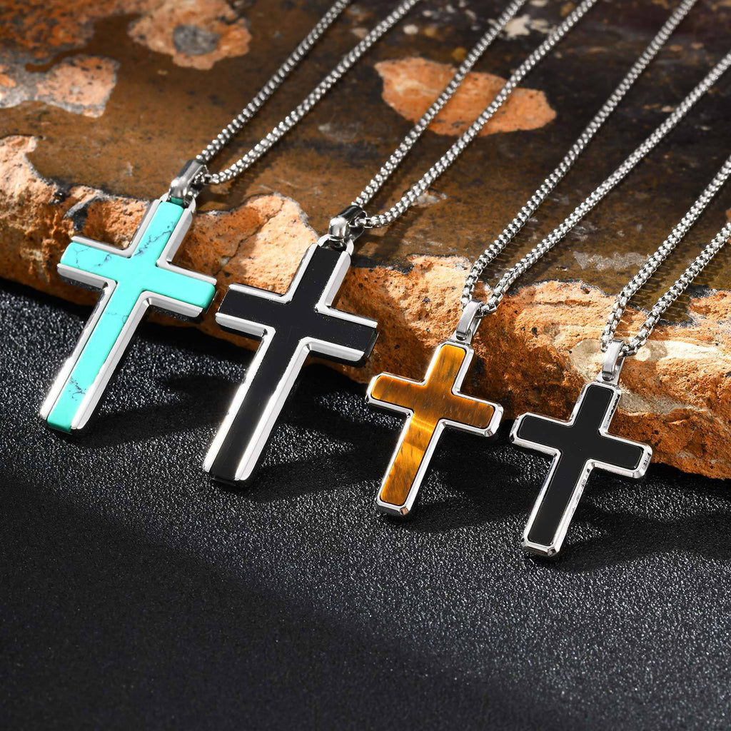 Man's Stainless Steel Cross Turquoise Natural Tiger Eye Sweater Pendant