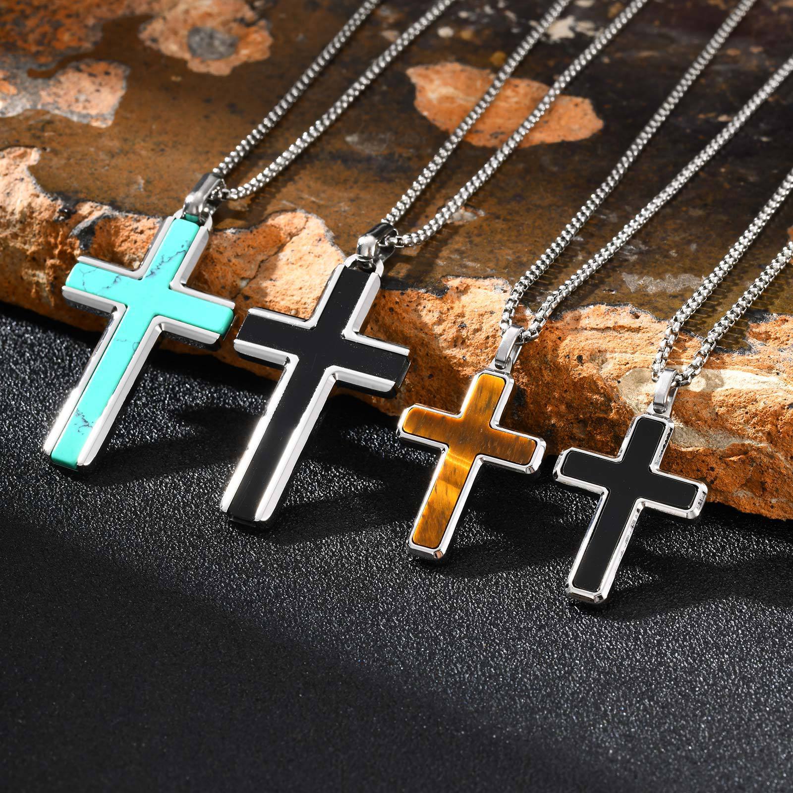 Man's Stainless Steel Cross Turquoise Natural Tiger Eye Sweater Pendant