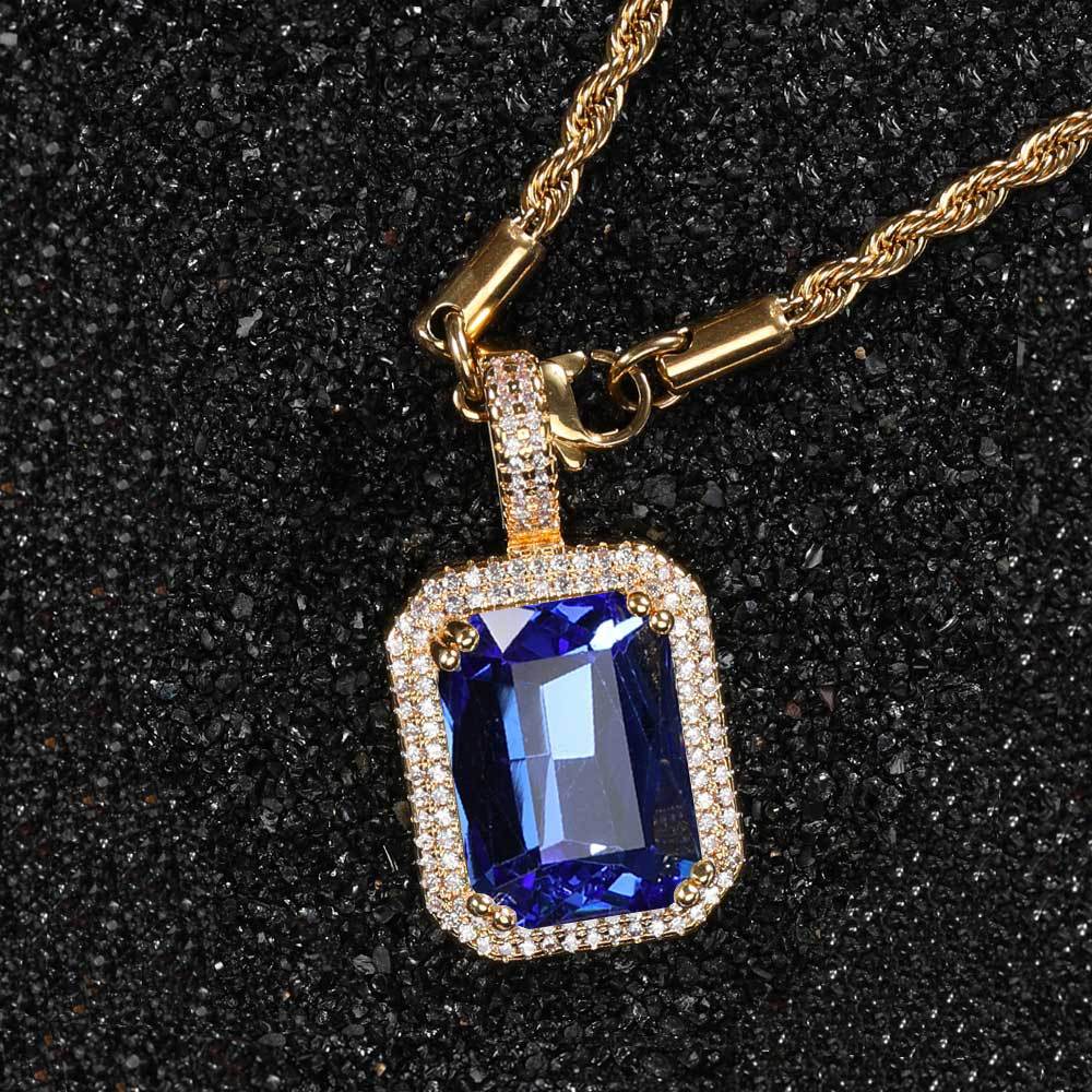 Men's Hip Hop Solid Square Colored Gemstone Fashion Personality Micro Inlaid Pendant
