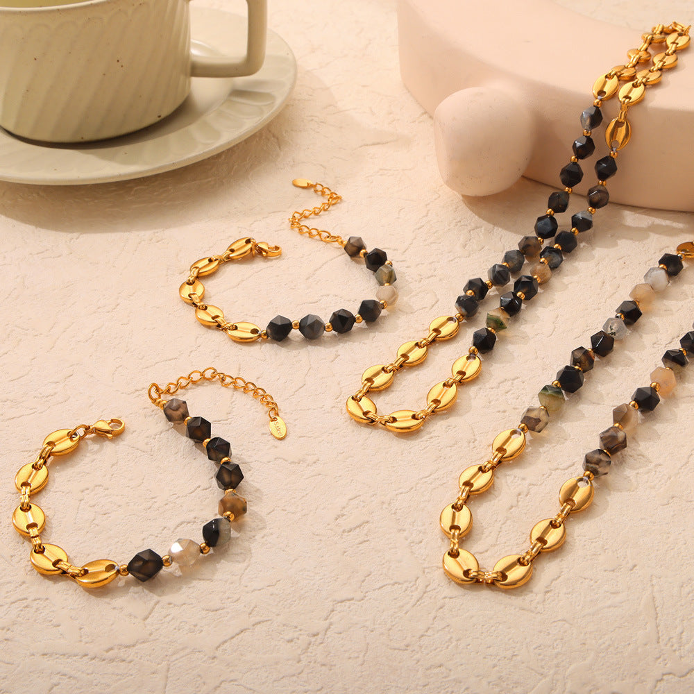 Personality Elegant Natural Stone Beaded Stitching Pig Nose Design Titanium Jewelry Set