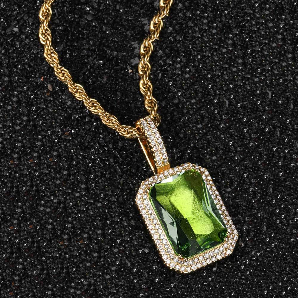 Men's Hip Hop Solid Square Colored Gemstone Fashion Personality Micro Inlaid Pendant
