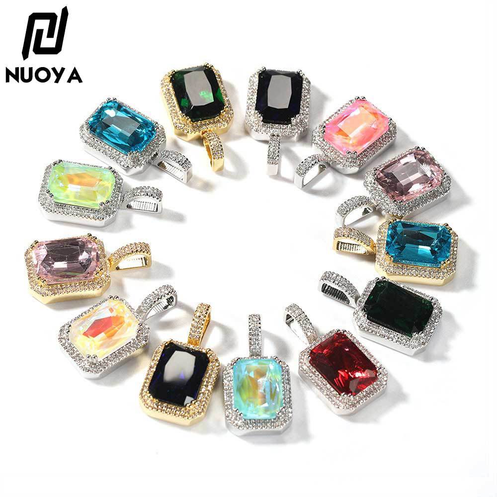Men's Hip Hop Solid Square Colored Gemstone Fashion Personality Micro Inlaid Pendant