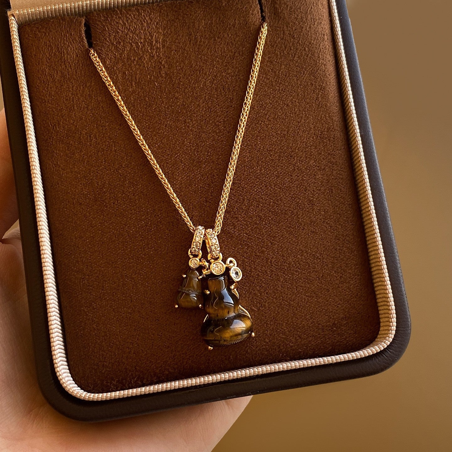 Women's High-grade Golden Zircon Double Tigereye Calabash Pendent Necklaces