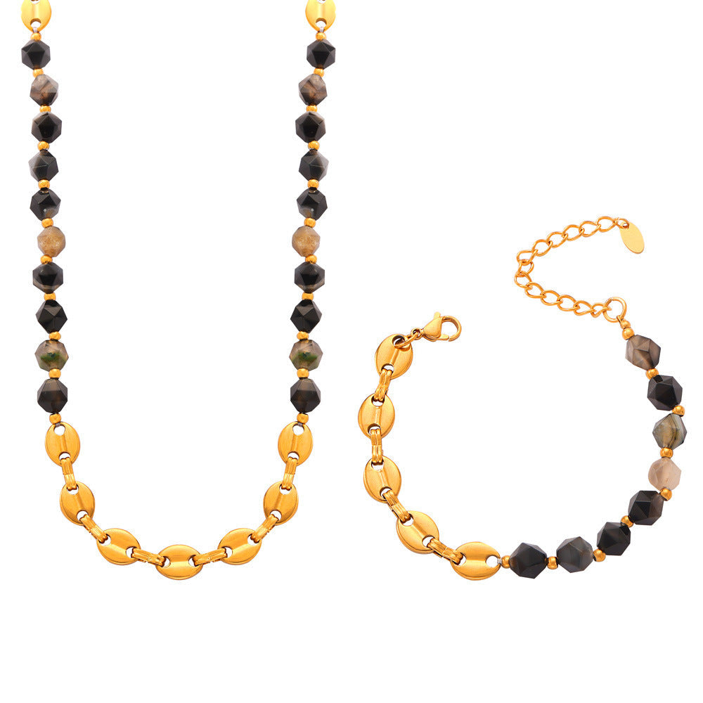 Personality Elegant Natural Stone Beaded Stitching Pig Nose Design Titanium Jewelry Set