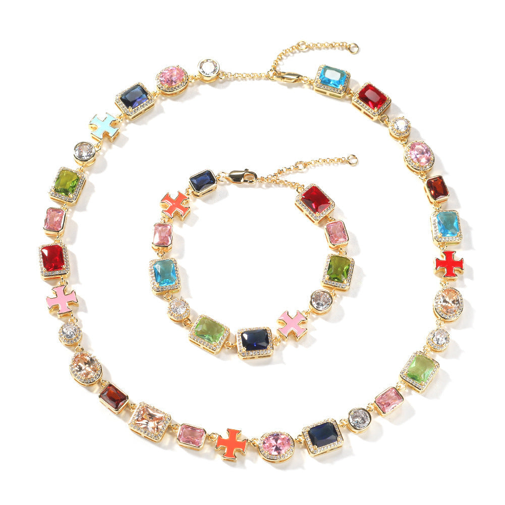 Exquisite diamond-encrusted colored gemstone bracelet and necklace