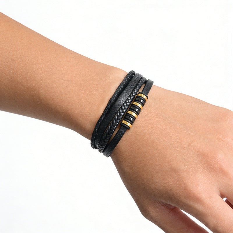 Men's Handmade Woven Leather Stainless Steel String Bracelet
