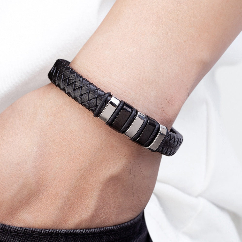 Men's Combination Small Mosaic Stainless Steel Leather Bracelet