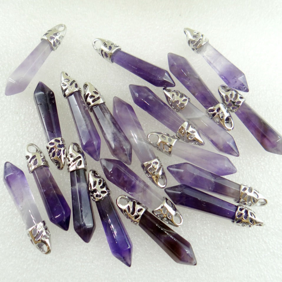 Stone Amethyst Agate Hexagon Prism Bullet Spirit Pendant