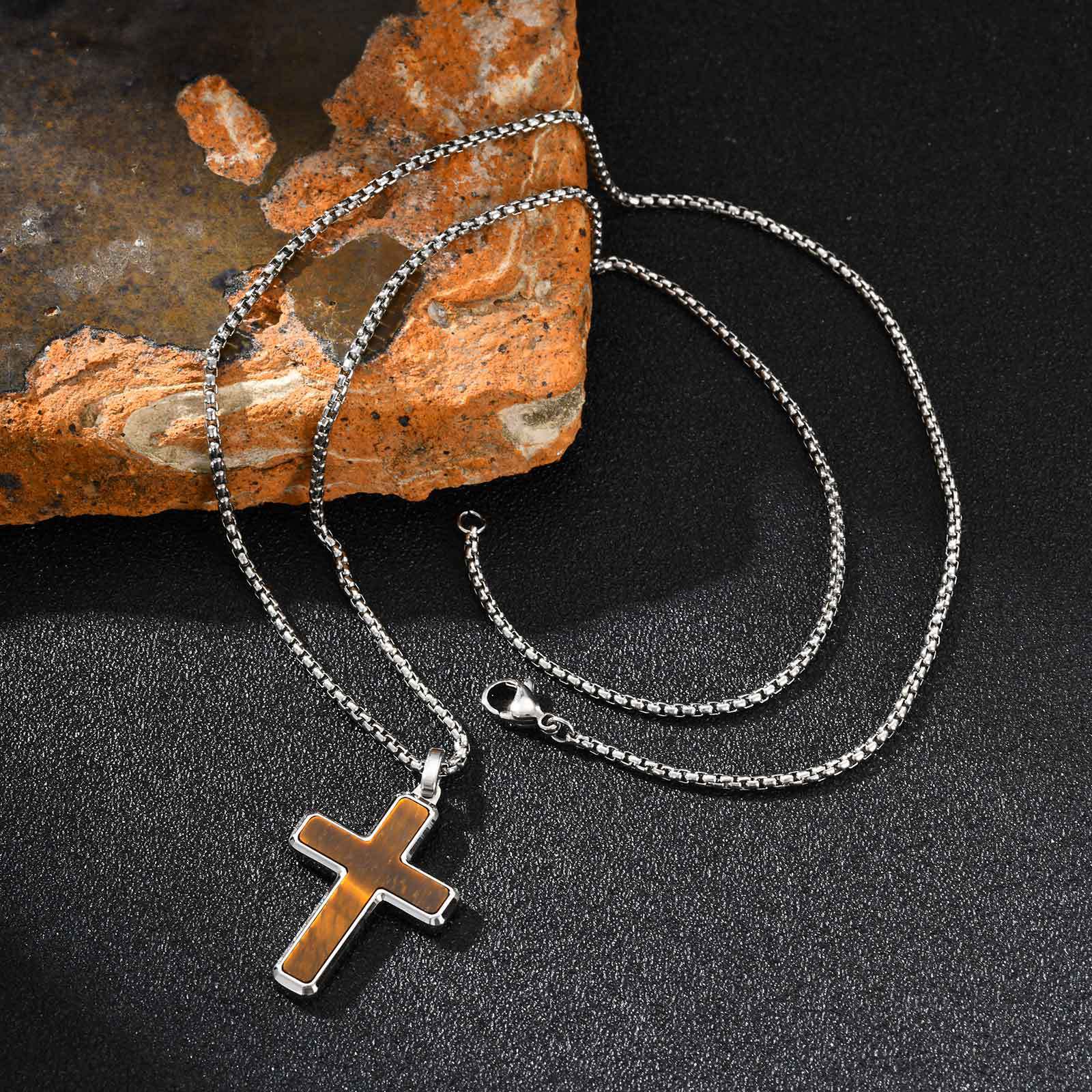 Man's Stainless Steel Cross Turquoise Natural Tiger Eye Sweater Pendant
