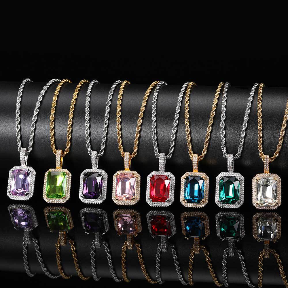 Men's Hip Hop Solid Square Colored Gemstone Fashion Personality Micro Inlaid Pendant