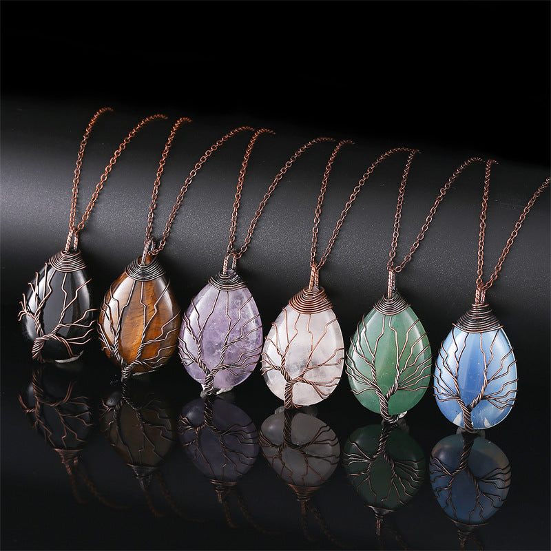 Copper Wire Winding Natural Crystal Water Drop Rough Stone Lucky Pendant