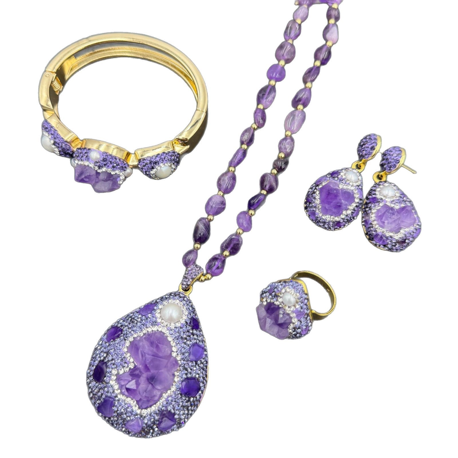 Raw Gemstone Amethyst Czech Diamond Inlaid French Minority Ore Live Jewelry Set